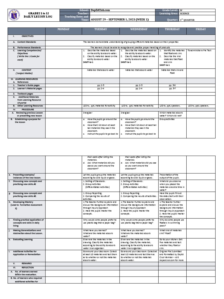 Grade IV Science Daily Lesson Log | PDF | Teachers | Learning