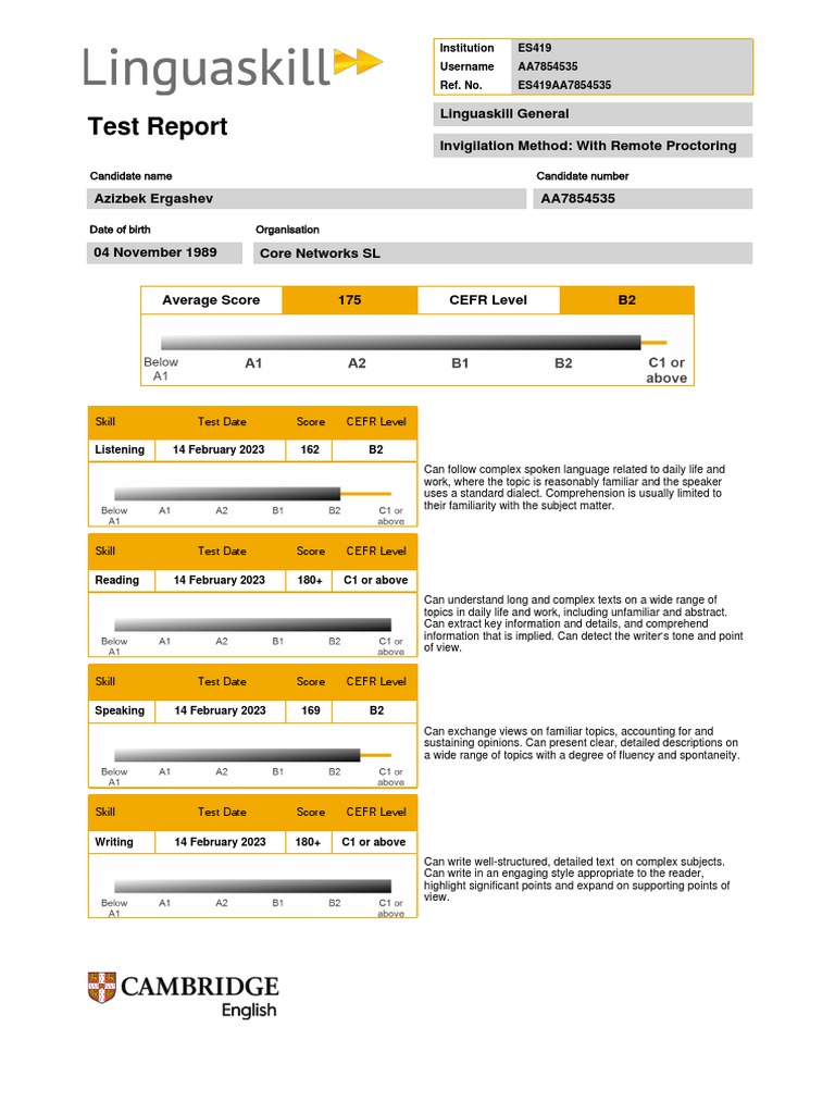 Linguaskill Test Results Summary | PDF | Linguistics | Human Communication