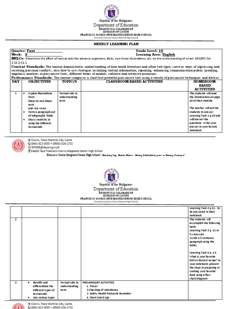 Grade 10 English Weekly Learning Plan | PDF
