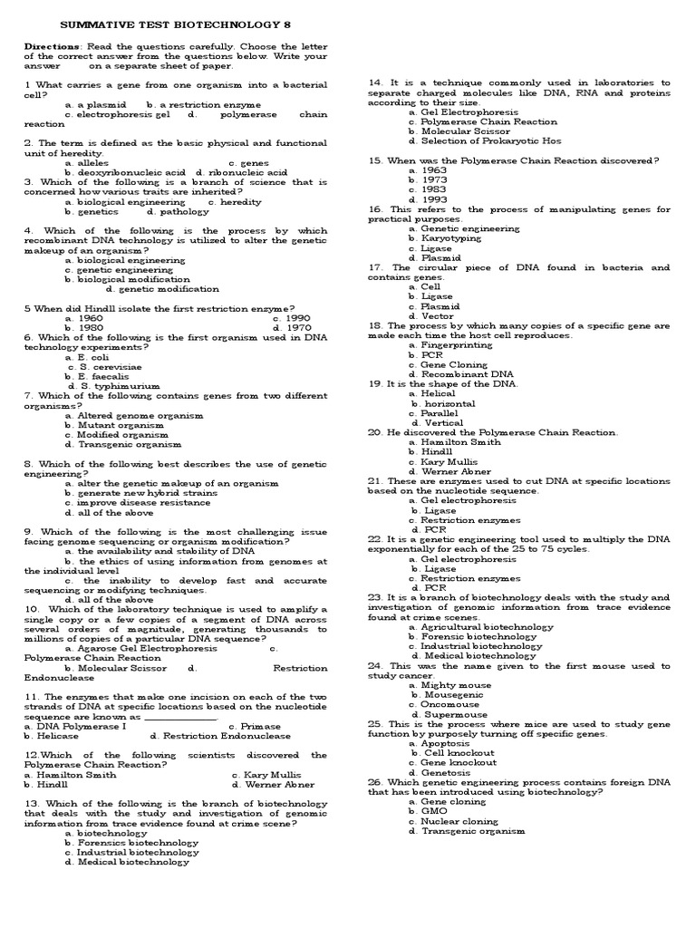 3rd Biotechnology 8 Summative Test | PDF | Polymerase Chain Reaction | Dna