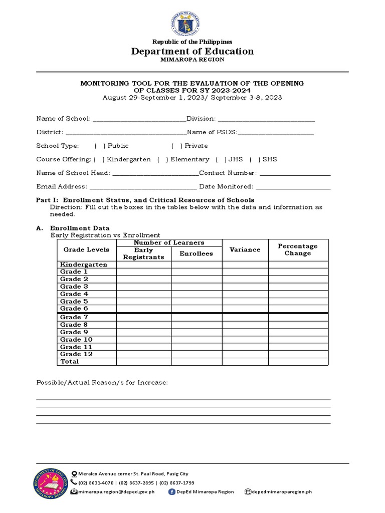 Monitoring Tool for Class Opening 2023-2024 | PDF | Teachers | Classroom