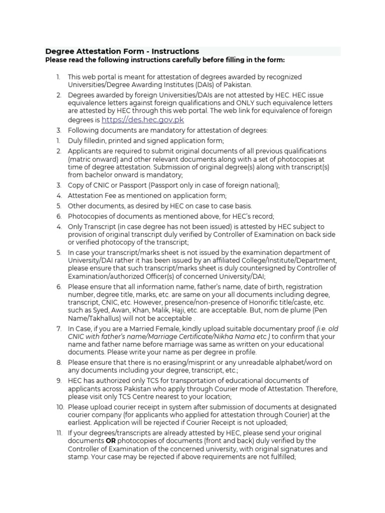HEC Degree Attestation Guidelines | PDF