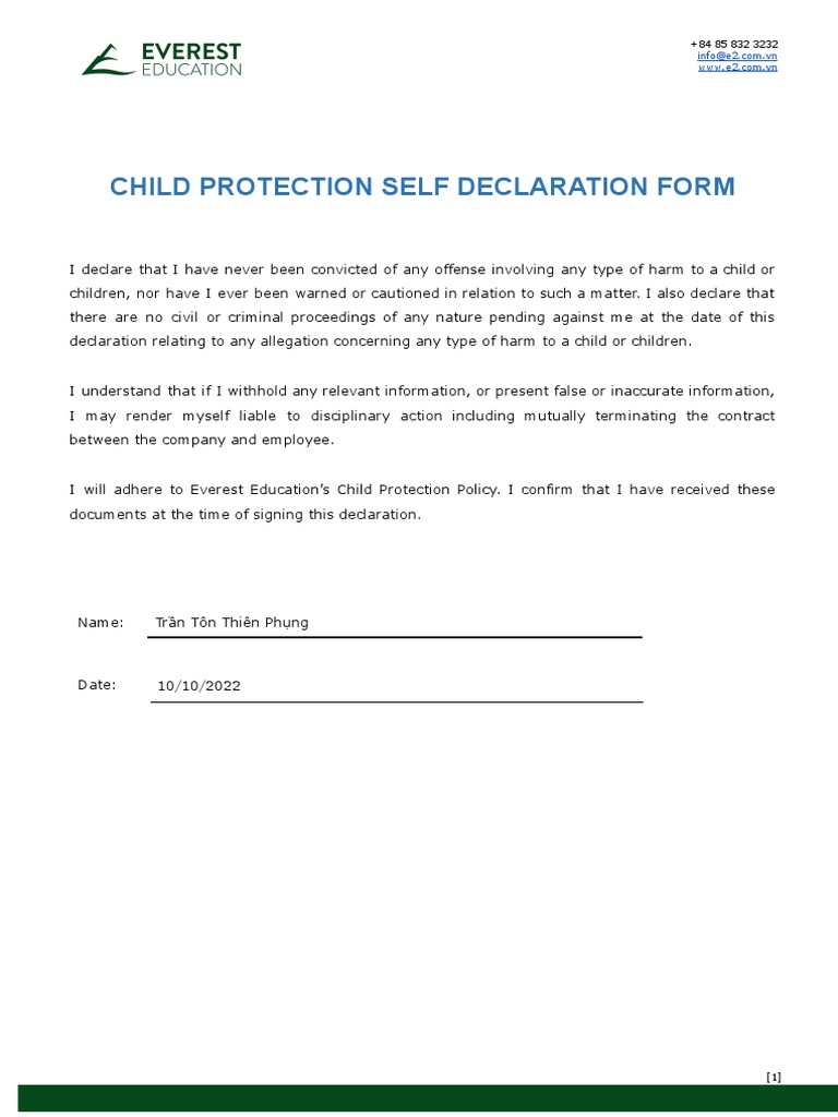 Child Protection - Self Declaration Form | PDF
