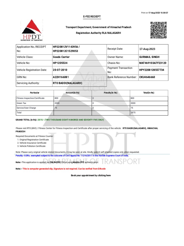 Vahan 4 PDF Receipt Payments