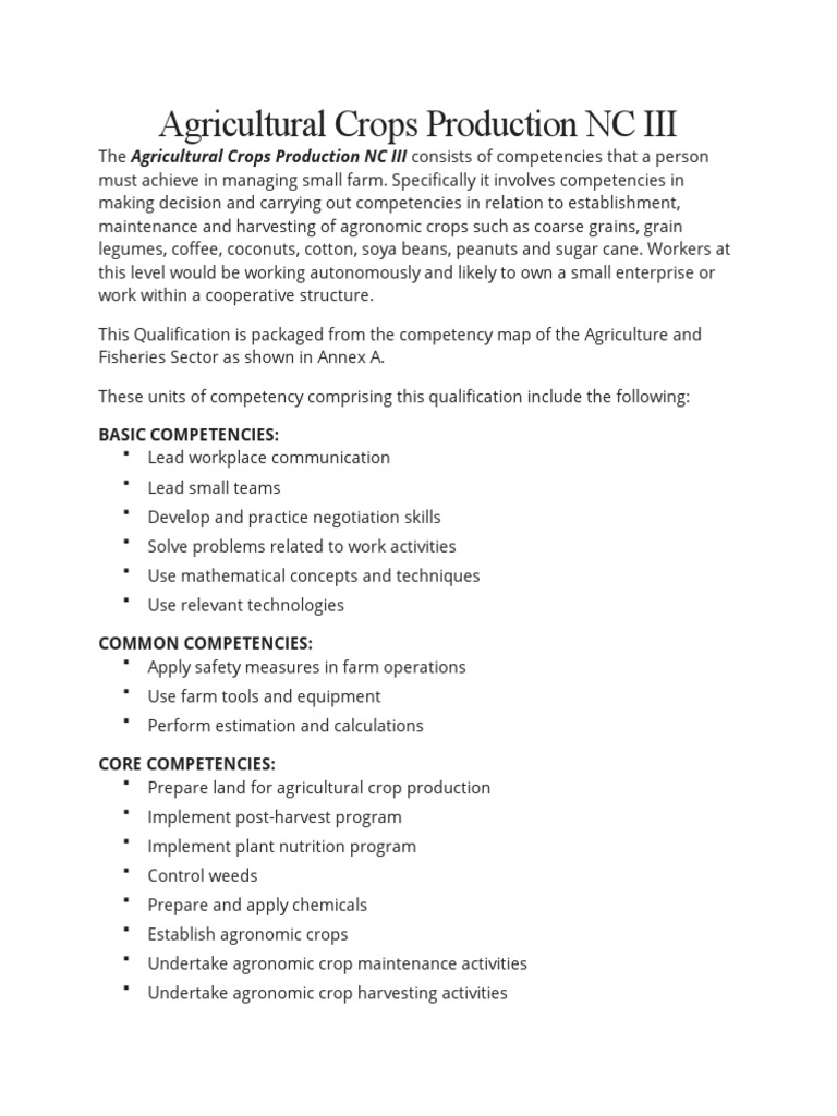 Agricultural crops production nc iii core competencies pdf