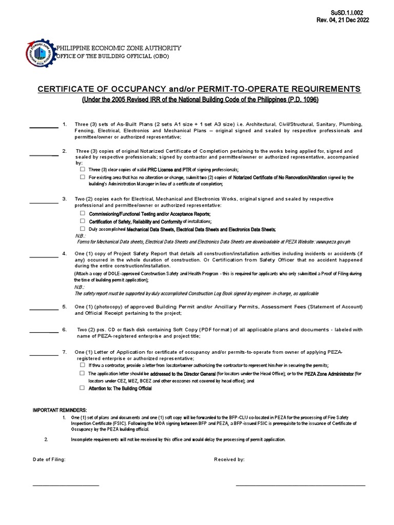 Susd 2022-026 Certificate of Occupancy and or Permit-To-operate