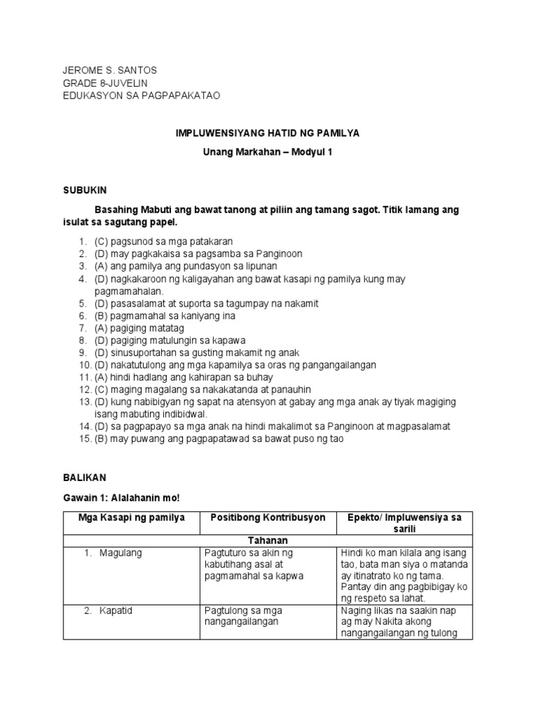 JEROME S. SANTOS ESP Unang Markahan Modyul 1) PDF