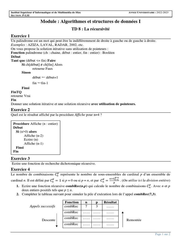 Récursivité et algorithmes en TD 8 | PDF | Mathématiques appliqués ...