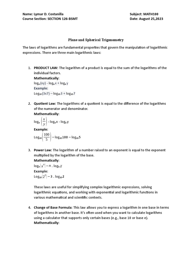Plane and Spherical Trigonometry PDF Logarithm Mathematical Concepts