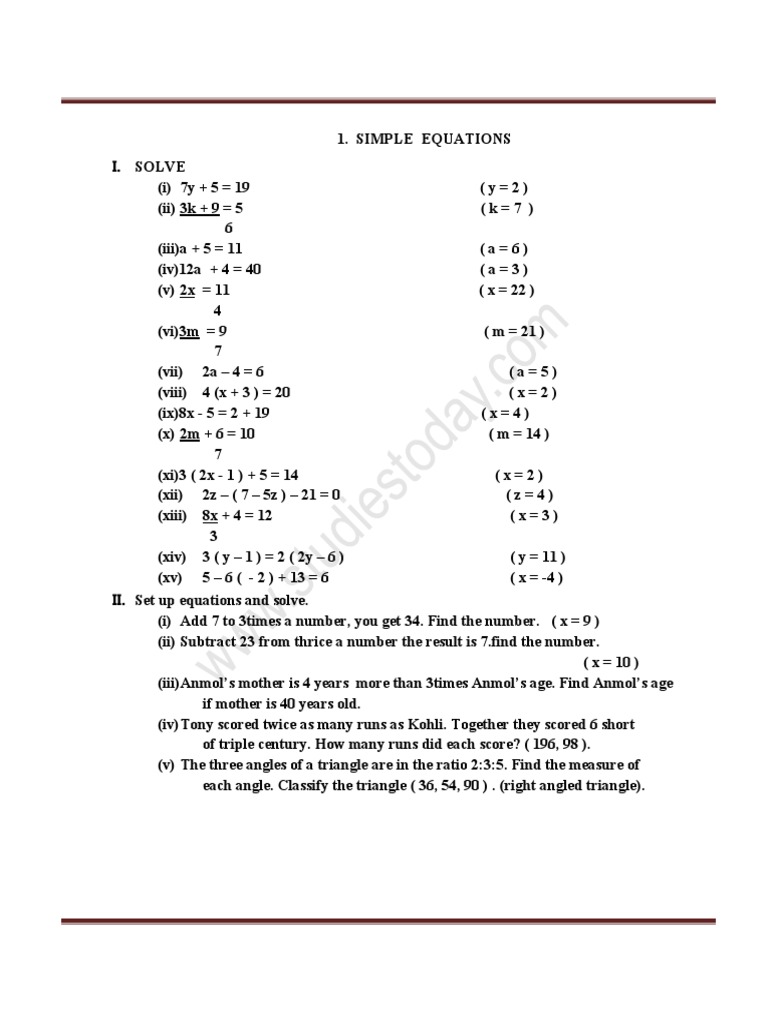 CBSE Clas 7 Maths Worksheet - Simple Equations (1) | PDF | Triangle ...