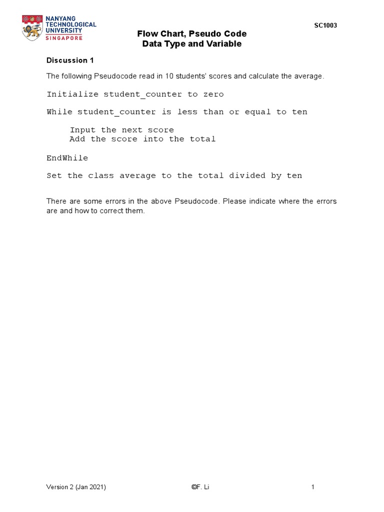 Sc1003 discussion 1 q flow chart pseudo code data type and variable