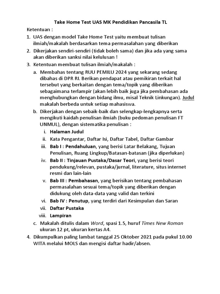 Take Home Test UAS MK Pend Pancasila TL 2021 | PDF