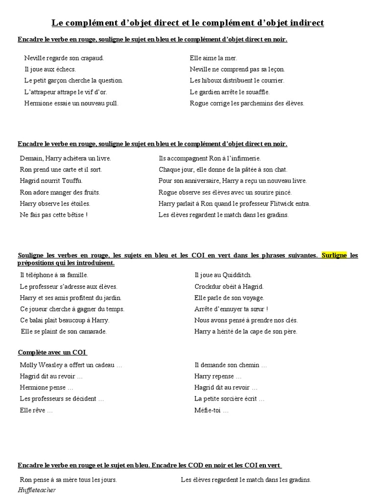 Exercices sur COD et COI en CM2 | PDF | Harry Potter | Séries de romans ...