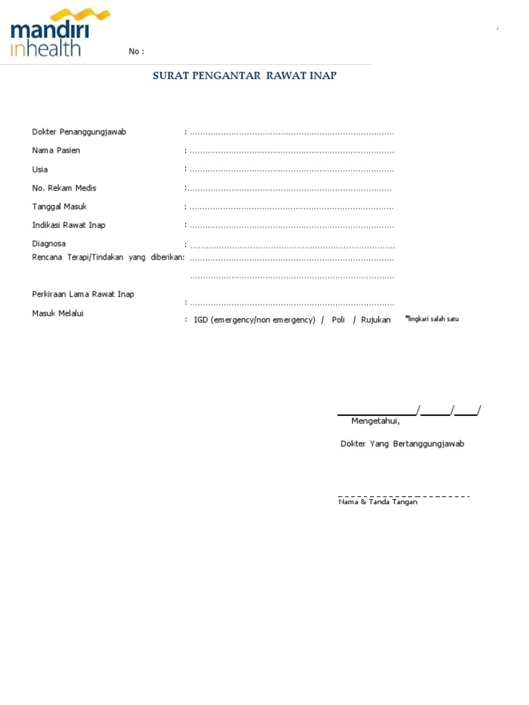 Surat Pengantar Rawat Inap Mandiri Indemnity | PDF