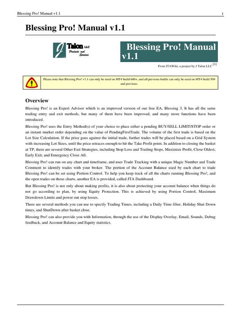 Blessing Pro! EA Manual v1.1 Overview | PDF | Financial Markets