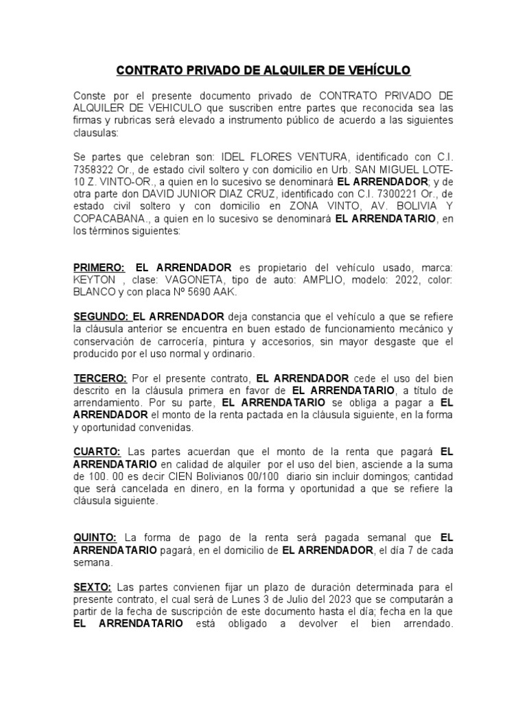 Contrato Alquiler Vehiculo 2 | PDF | Negocios | Finanzas y dinero
