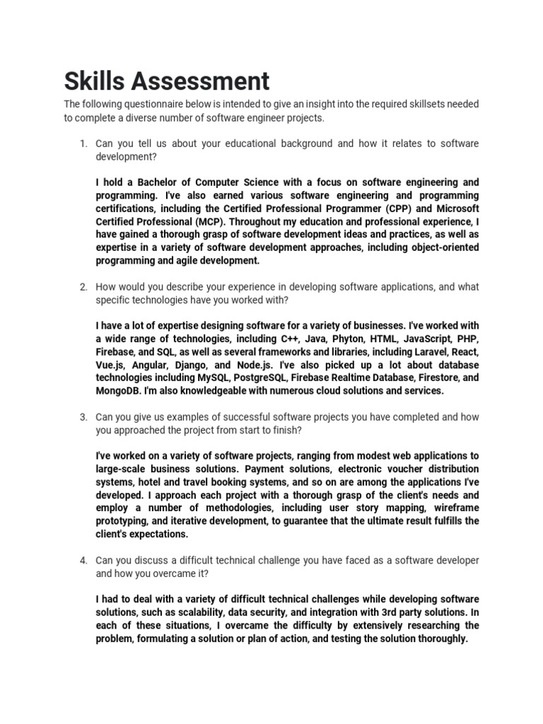 Software Engineer Skills Assessment Guide | PDF | Software Development ...