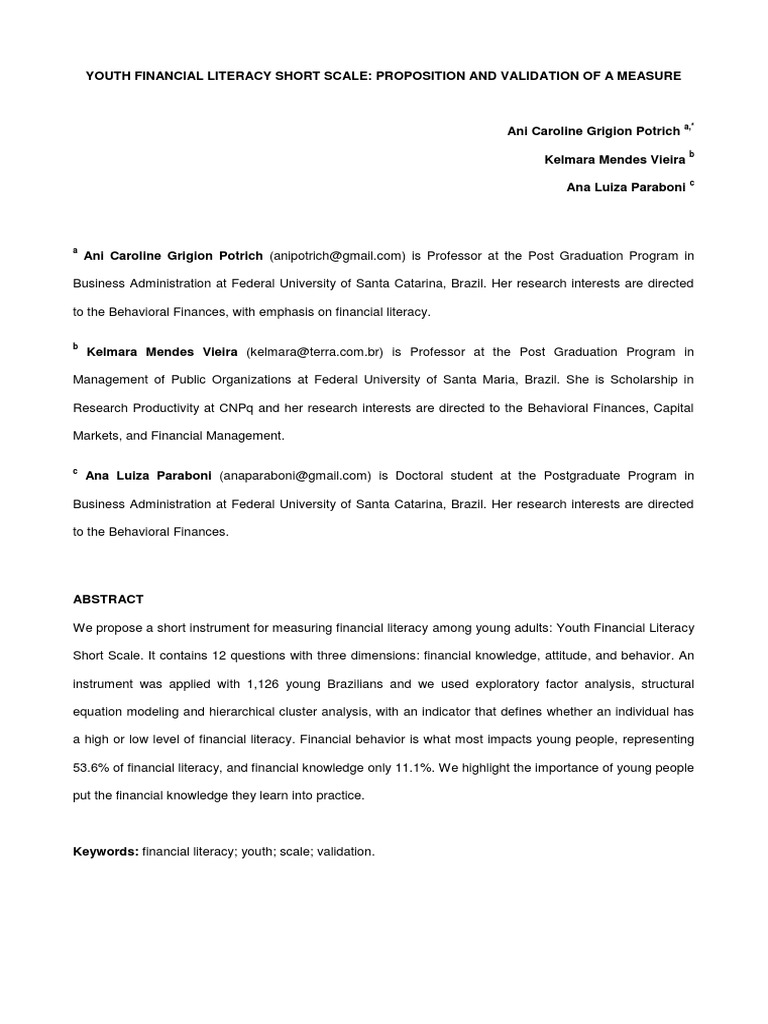 Youth Financial Literacy Short Scale Validation | PDF | Cost Of Living ...
