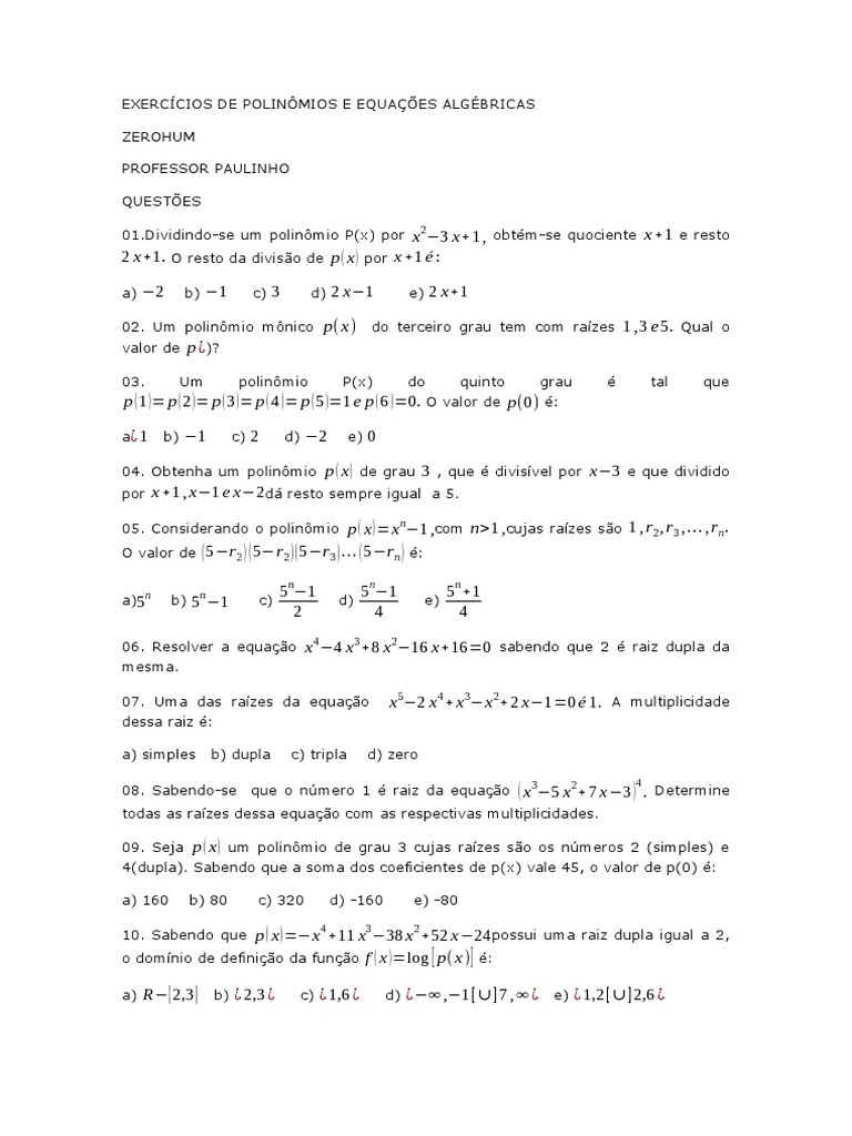 Exercícios de Polinômios e Equações Algébricas | PDF | Equações | Raiz ...