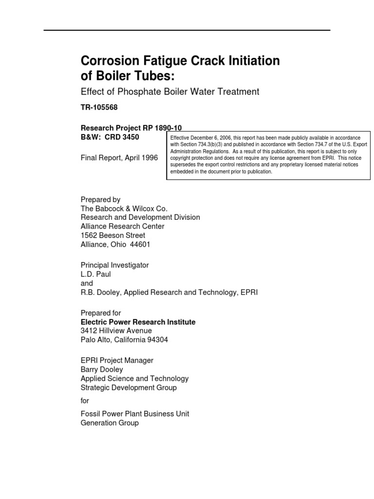 TR 105568 Corrosion Fatigue Crack Initiation of Boiler Tubes