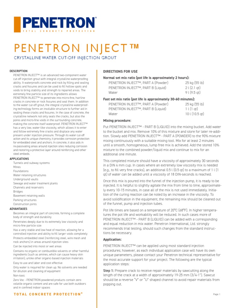 PENETRON INJECT Data Sheet | PDF | Concrete | Volatile Organic Compound