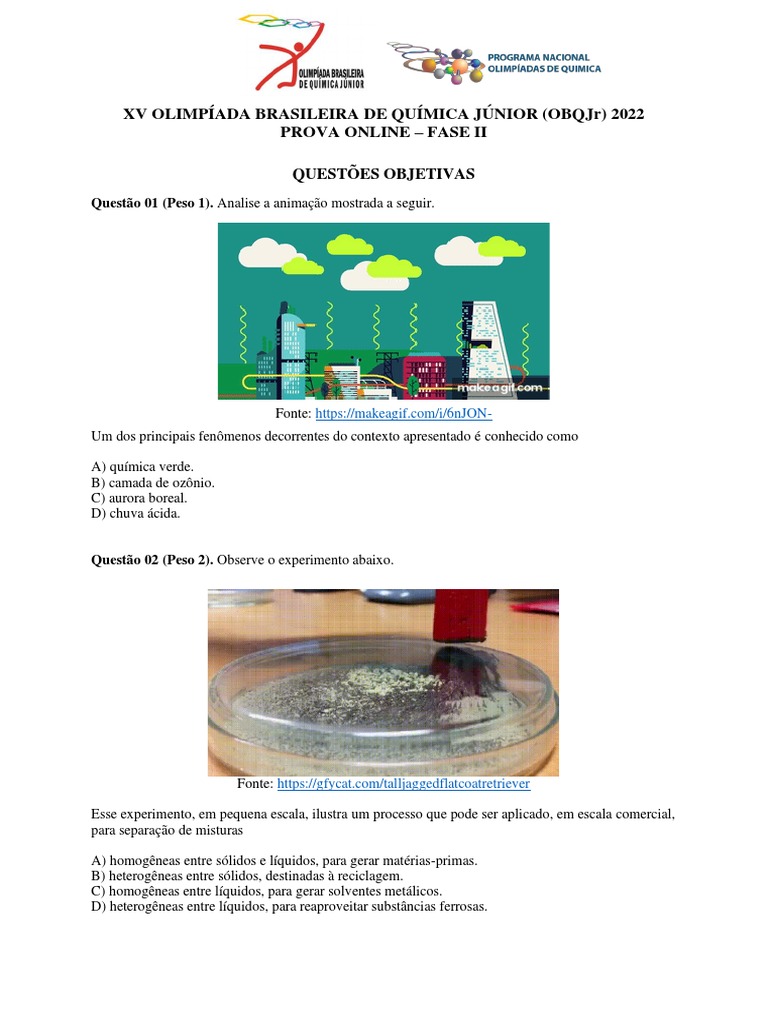 Provas da XV OBQJr 2022 | PDF