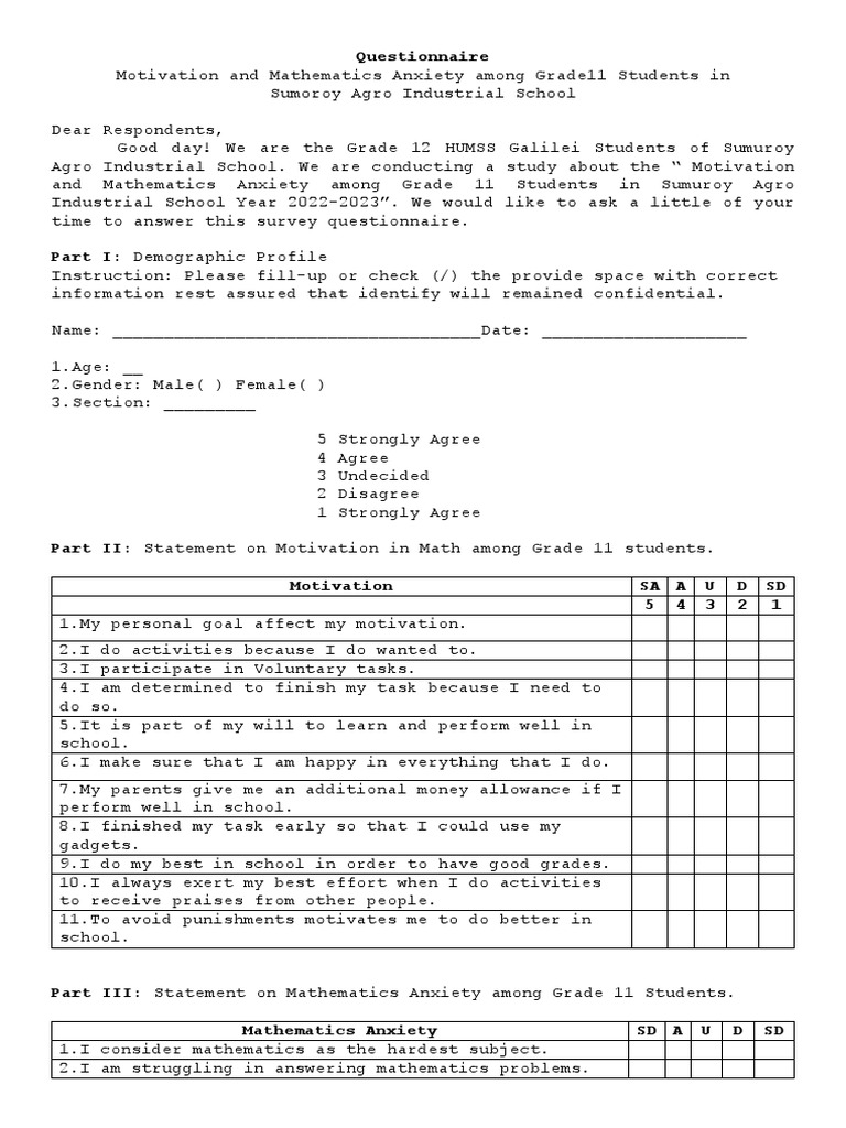 Math Anxiety and Motivation Survey for Students | PDF