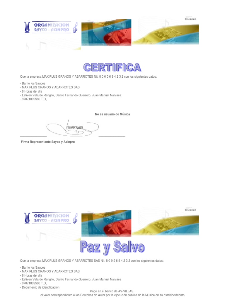 Certificado-Paz-y-Salvo-Sayco-y-Acinpro | PDF