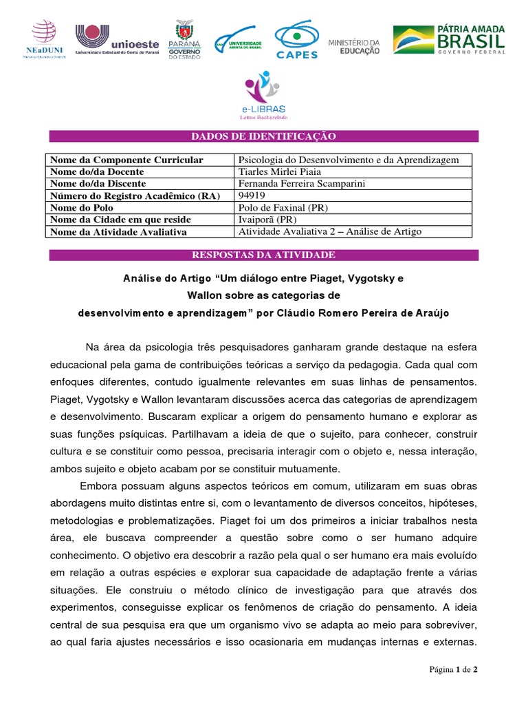 Análise de Piaget, Vygotsky e Wallon | PDF | Psicologia | Aprendizado
