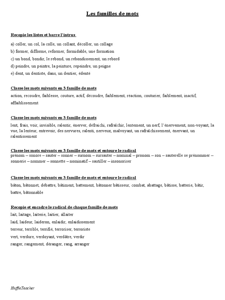 Exercices sur les familles de mots | PDF