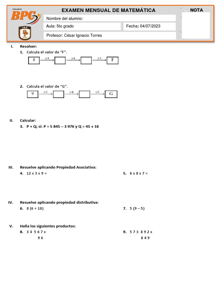 EXAMEN CESAR 5TO GRADO MATEMATICA PDF