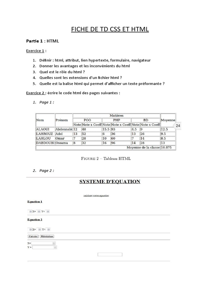 Fiche TD HTML et CSS : Exercices et Définitions | PDF