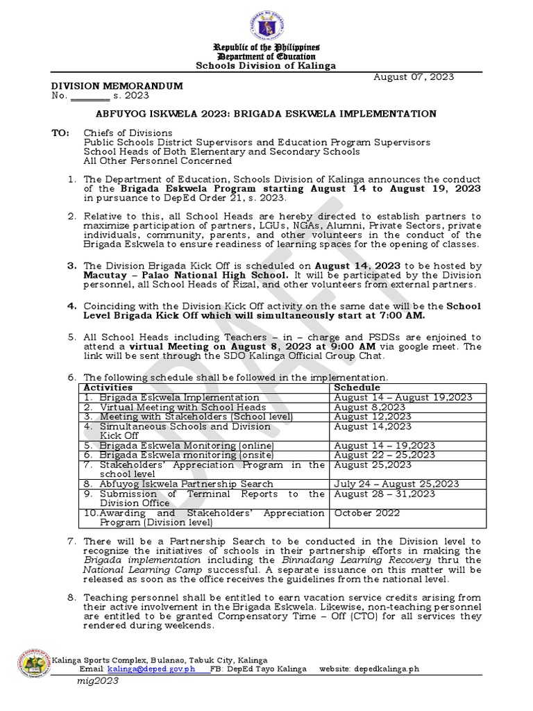 Brigada Eskwela 2023 Implementation Memo | PDF