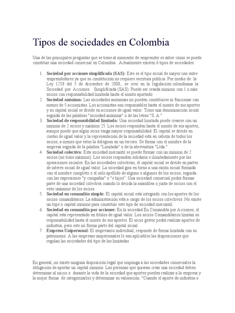 Tipos de Sociedades en Colombia | PDF | Sociedad de responsabilidad ...