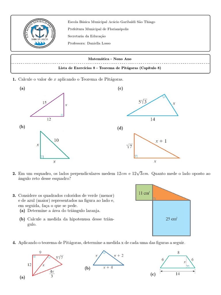 Lista de Exercícios 8 - Teorema de Pitágoras | PDF | Triângulo | Geometria