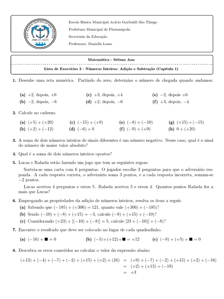 Lista De Exercícios 2 Números Inteiros Adição E Subtração Capítulo