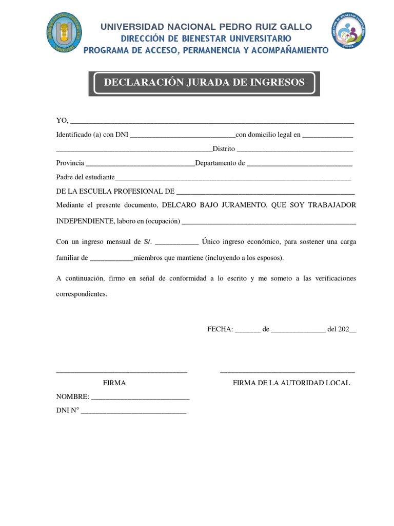 Declaracion Jurada de Ingresos | PDF