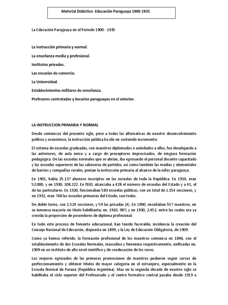 Evolución Educativa en Paraguay 1900-1935 | PDF | Ciencias sociales ...