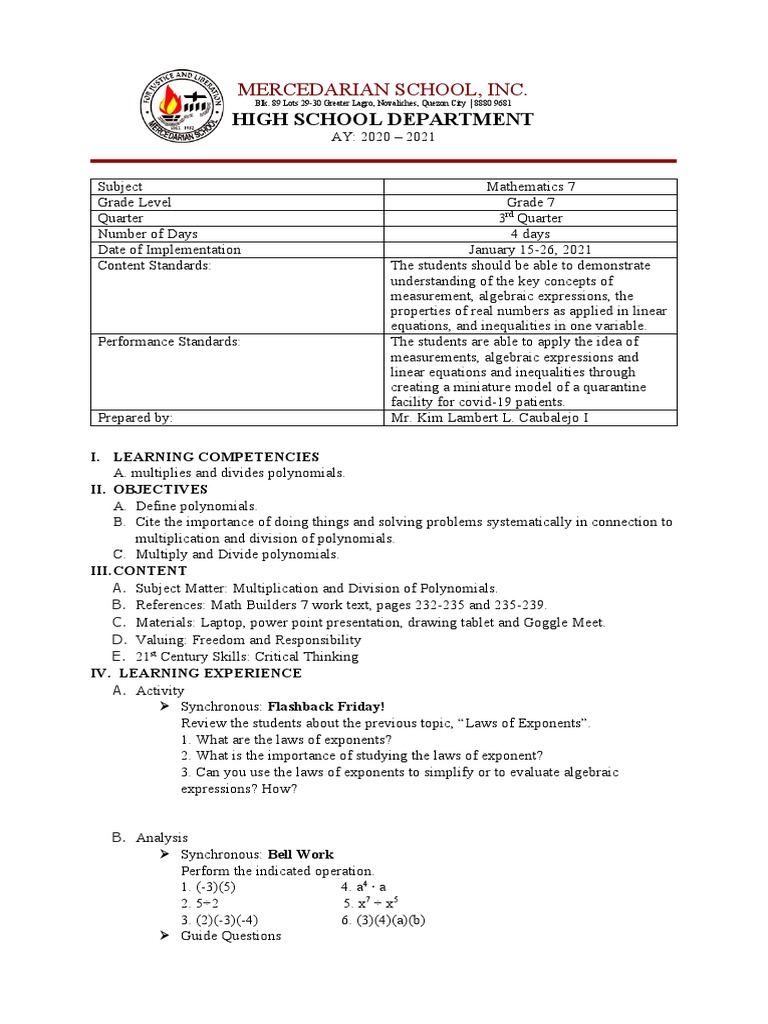 Grade 7 Polynomial Operations Guide | PDF | Polynomial | Equations