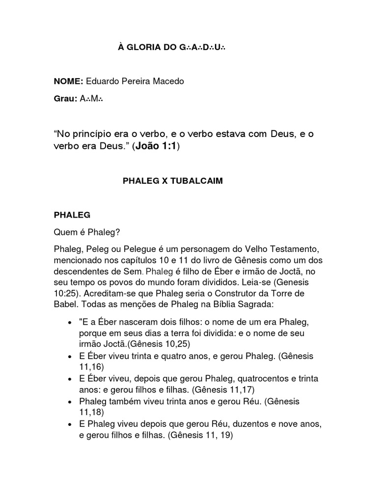 Phaleg e Tubalcaim na Maçonaria | PDF | Juvenil