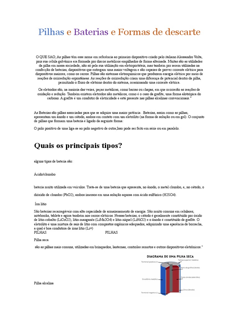 Descarte Correto de Pilhas e Baterias | PDF | Eletrodo | Cátodo
