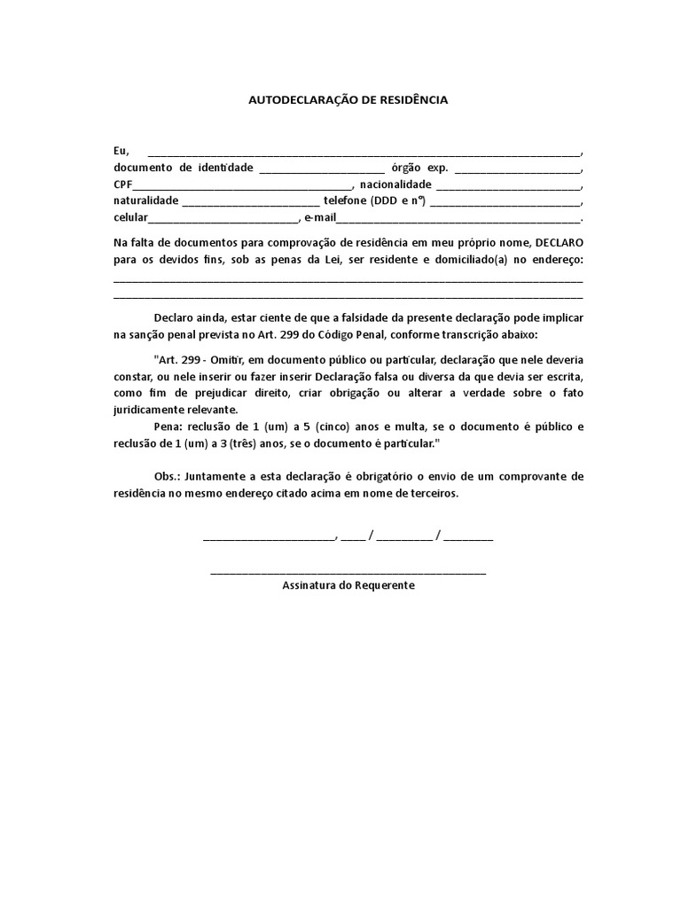 Modelo Autodeclaração de Residência | PDF