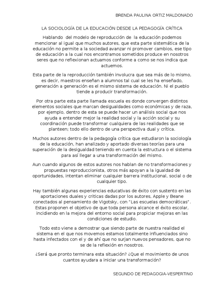 La Sociologia de La Educacion Desde La Pedagogia Critica | PDF ...