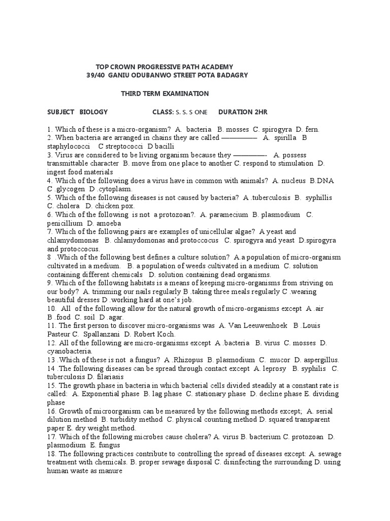 Biology SS1 Third Term Exam PDF Bacteria
