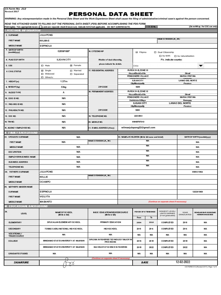 Personal data sheet julapong pdf