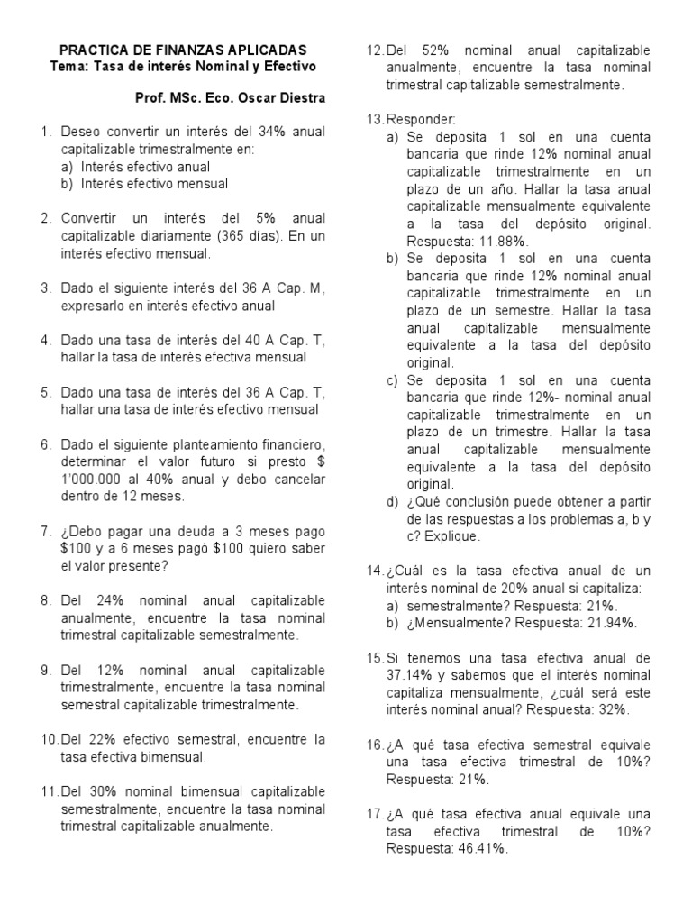 PRACTICA Tasas de Interés Nominal y Efectiva | PDF