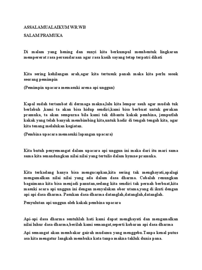 Teks Protokol Upacara Api Unggun Pramuka | PDF | Agama & Spiritualitas