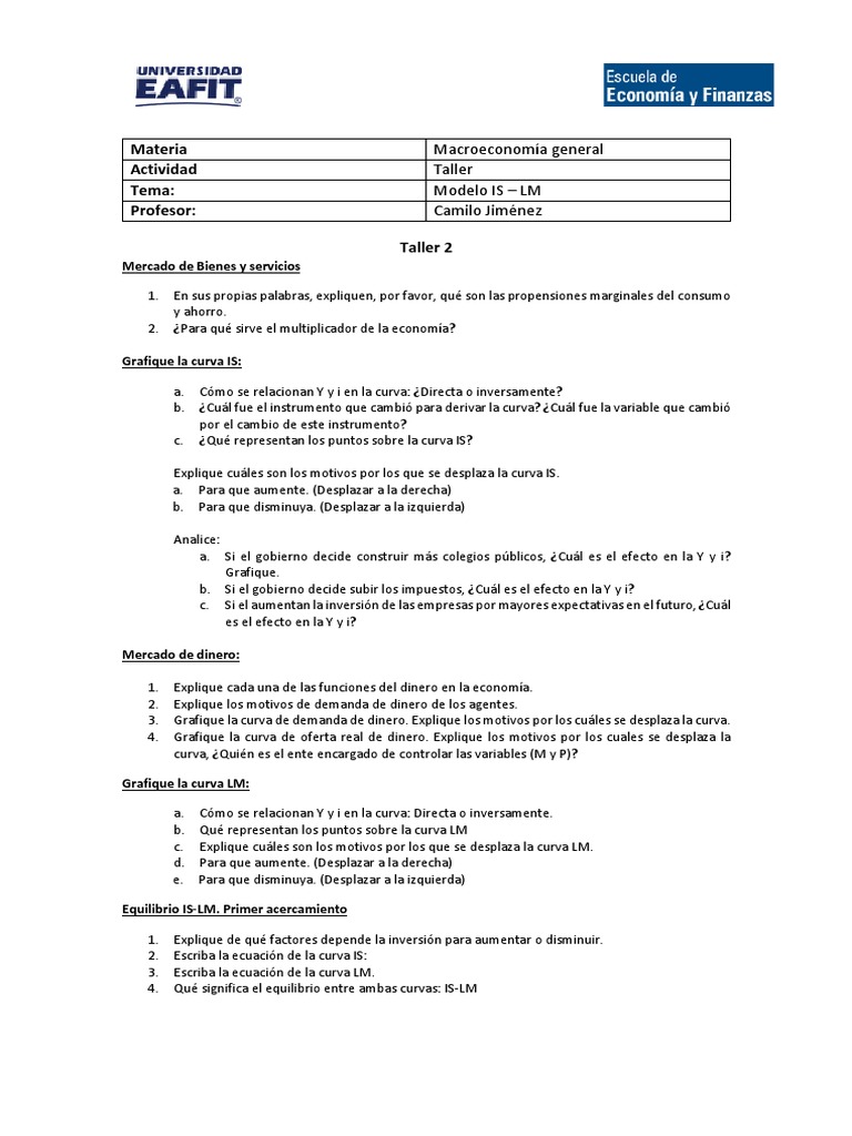 Taller Modelo IS-LM | PDF | Finanzas y dinero