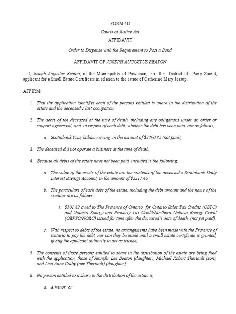 Affidavit Order To Dispense With Requirement To Post A Bond PDF