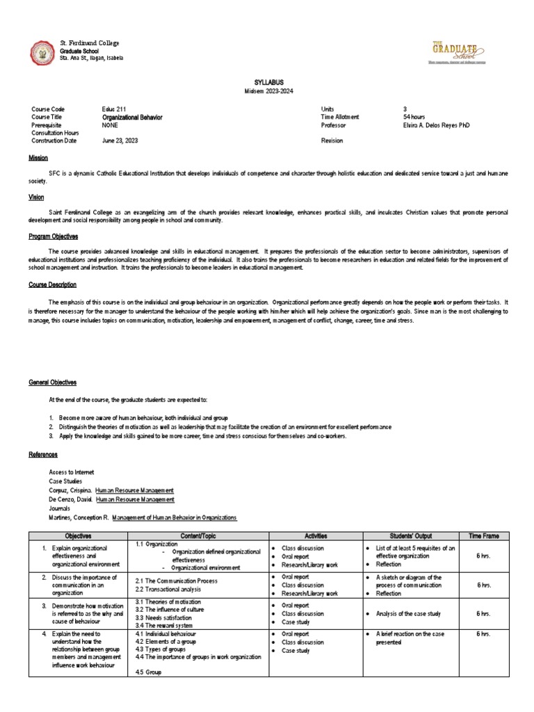 Educ 211 Syllabus Orgl Behavior Mid Sem Download Free Pdf
